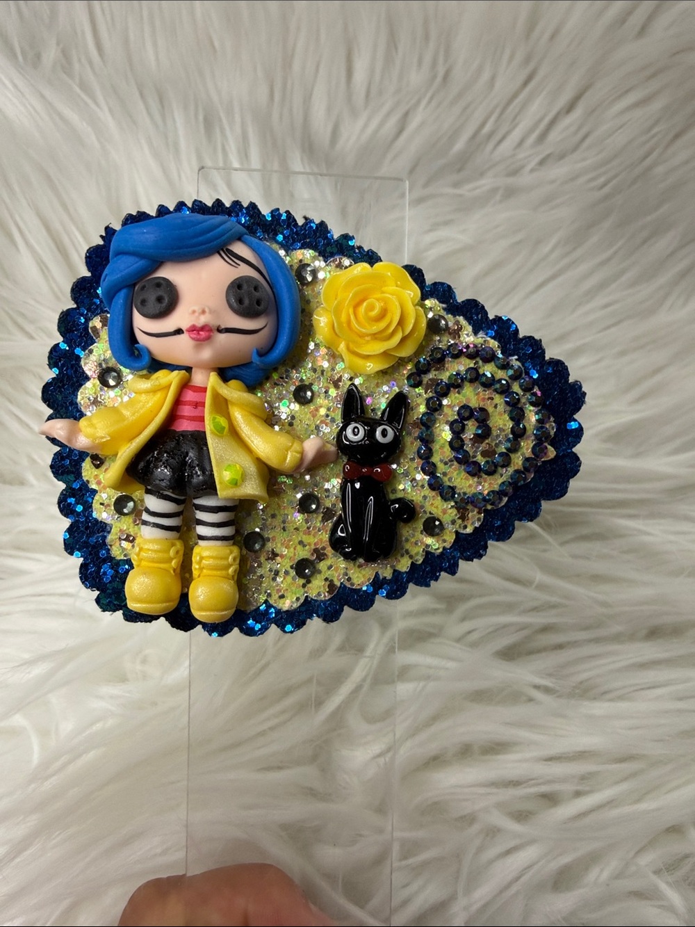 Caroline-Inspired Hair Clip with Blue Hair & Yellow Accents